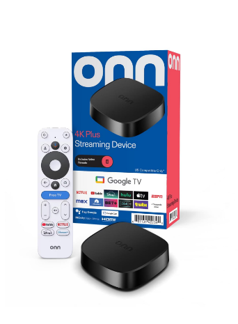 ONN TV 4K Plus Streaming Device with its remote and box