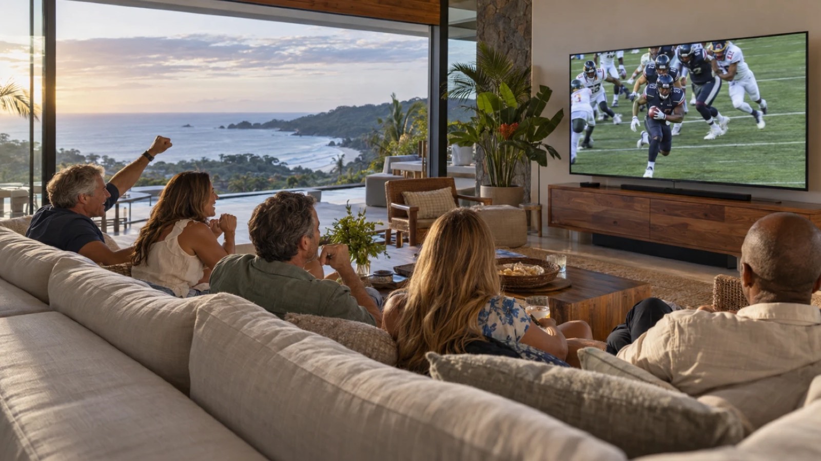 Friends cheering as they watch a football game on a large TV in a living room above the ocean