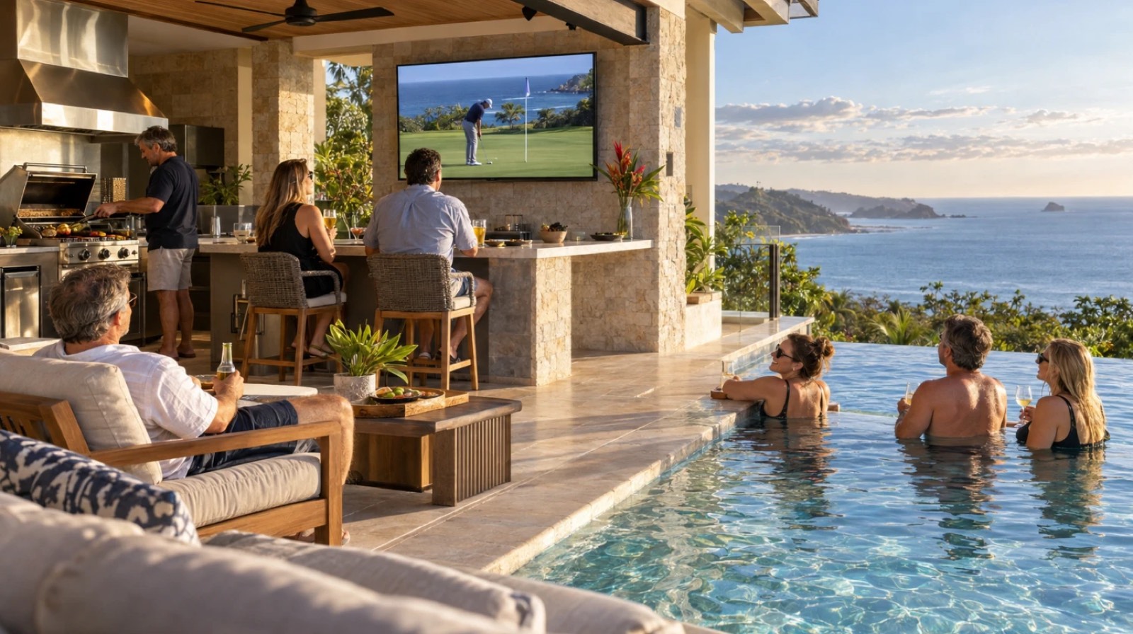 Friends and family gathered around an outdoor TV showing golf, next to a pool with an ocean view