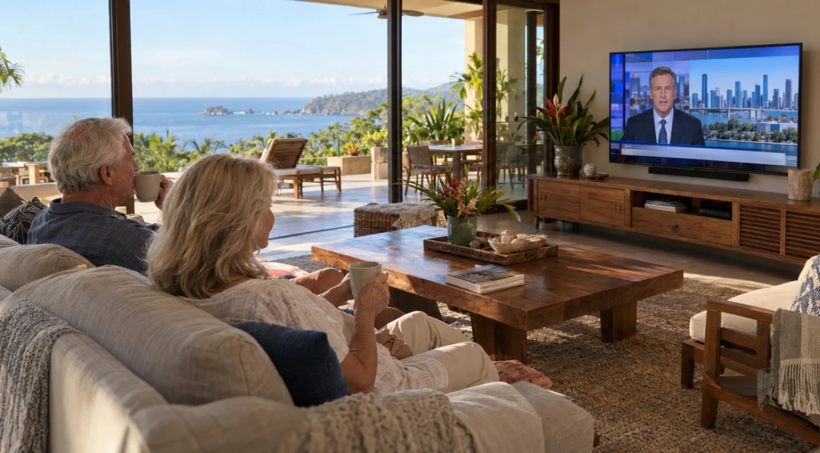 A couple relaxing with coffee in a bright living room, watching the news on a large TV
