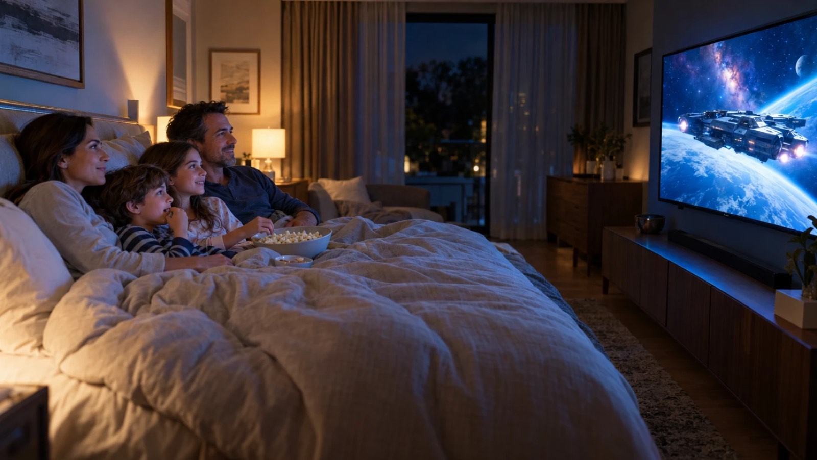 A family watching a movie together on a big TV from the comfort of their bed at night